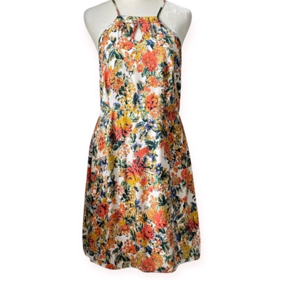 Tulle Floral Silky Dress - Halter Cut - size women's medium - red orange yellow - Picture 1 of 7
